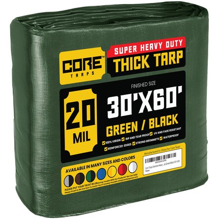 CORE TARPS 30 ft x 60 ft Extreme Heavy Duty 20 Mil Tarp, Green/Black, Waterproof, UV Resistant, Rip and Tear Proof CT-703-30X60